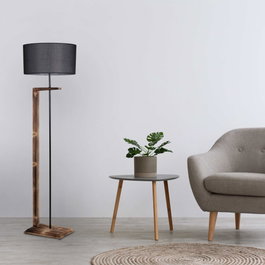 Opviq Lámpara de Pie de Metal y Madera con Pantalla de Tela Marrón y Negro
